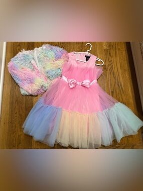 Xtraordinary Pink Pastel Rainbow Tulle Dress with Faux Fur Shrug Sz 6
